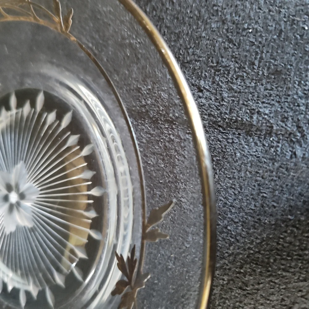Antique Etched Crystal Plate With Sterling Silver Inlay